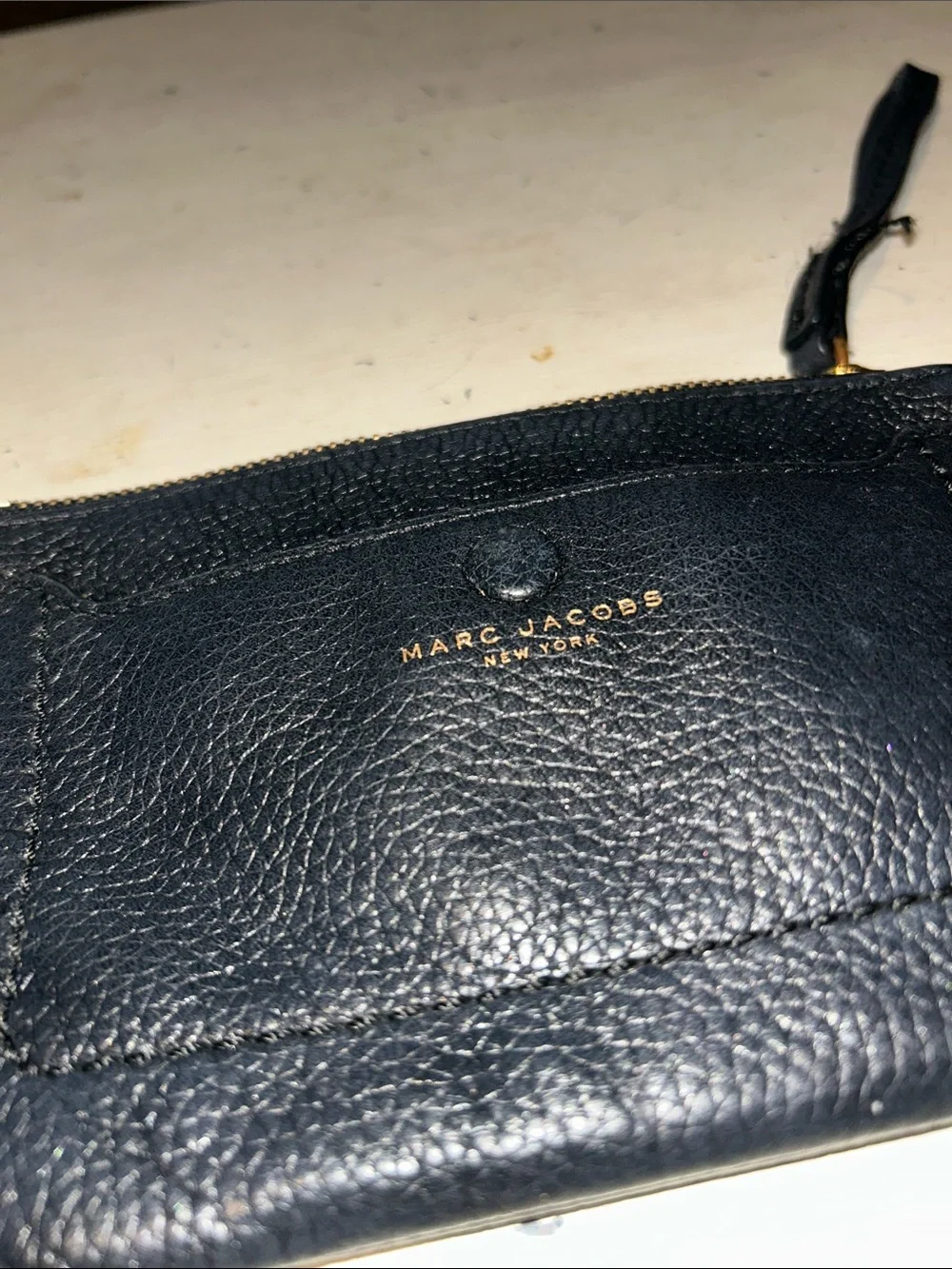 Marc Jacobs Navy Pebbled Leather Wristlet with Gold Logo